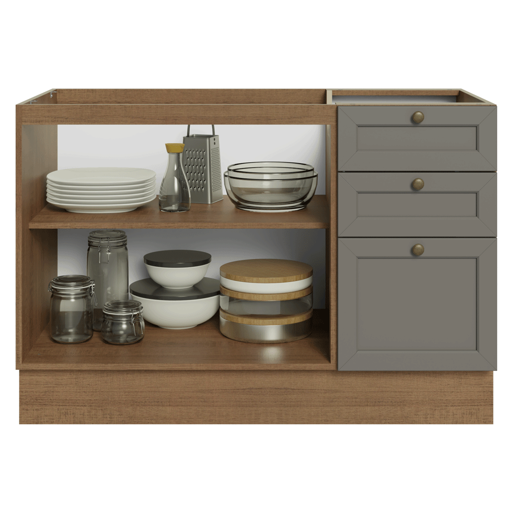 Balcão de Pia 120 x 60 cm 2 Portas 3 Gavetas (Sem Tampo) Rustic/Cinza Vik Madesa