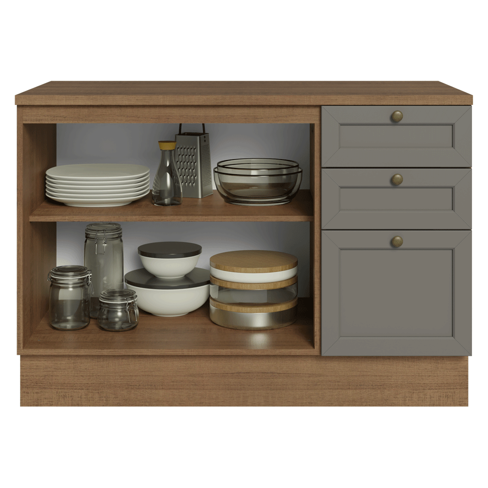 Balcão de Cozinha 120 x 60 cm 2 Portas 3 Gavetas (Com Tampo) Rustic/Cinza Vik Madesa