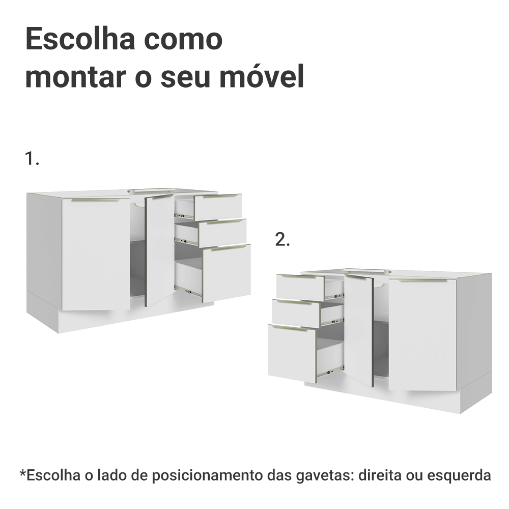 Balcão Gabinete de Pia 120 x 60 cm 2 Portas 3 Gavetas (Sem Tampo) Branco/Branco Veludo Lux Madesa
