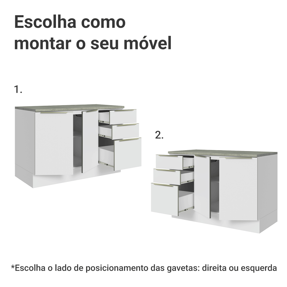 Balcão de Cozinha 120 x 60 cm 2 Portas 3 Gavetas (Com Tampo) Branco/Branco Veludo Lux Madesa