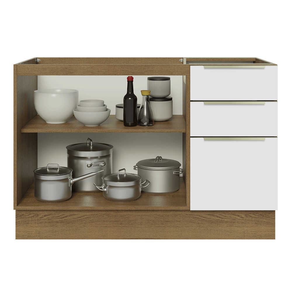 Balcão Gabinete de Pia 120 x 60 cm 2 Portas 3 Gavetas (Sem Tampo) Rustic/Branco Veludo Lux Madesa