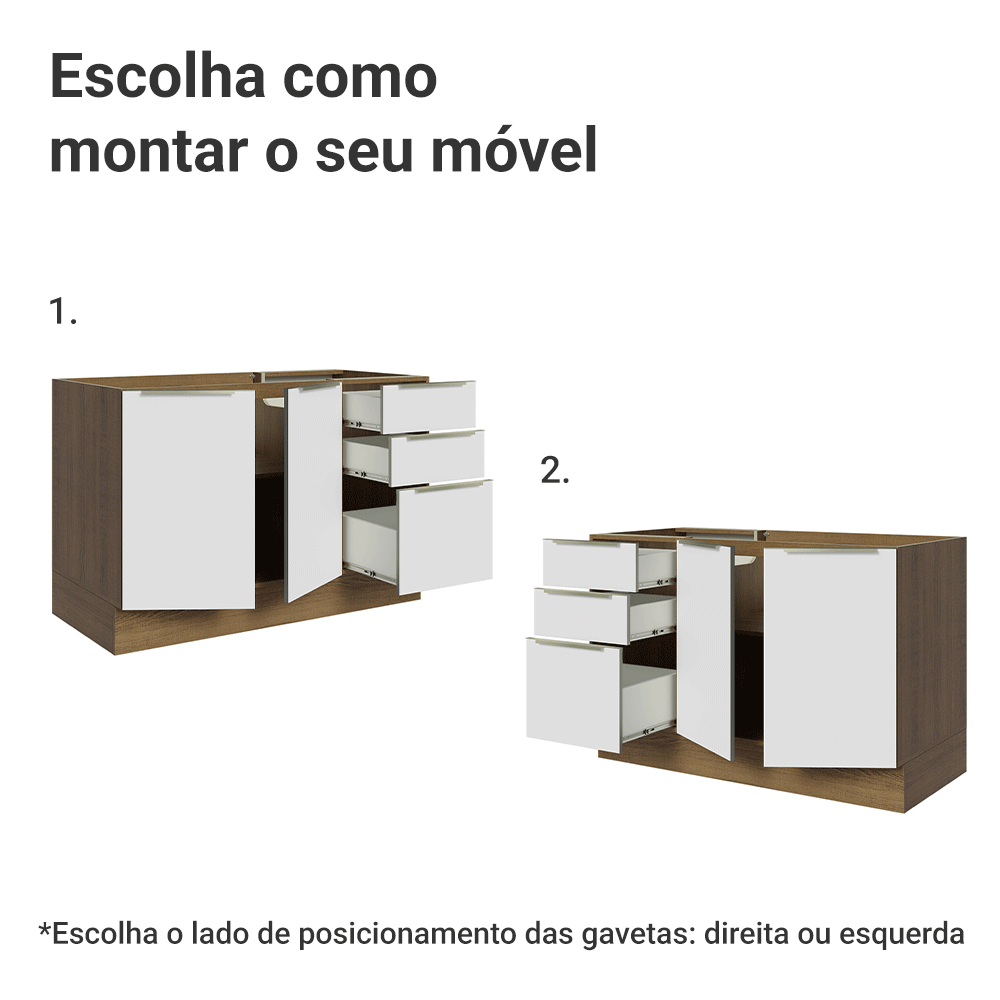 Balcão Gabinete de Pia 120 x 60 cm 2 Portas 3 Gavetas (Sem Tampo) Rustic/Branco Veludo Lux Madesa