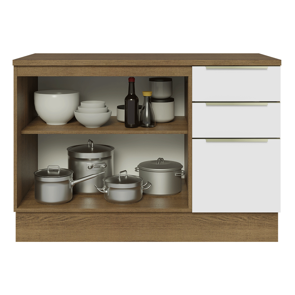 Balcão de Cozinha 120 x 60 cm 2 Portas 3 Gavetas (Com Tampo) Rustic/Branco Veludo Lux Madesa