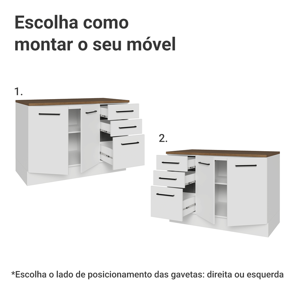 Balcão de Cozinha 120 x 60 cm 2 Portas 3 Gavetas Branco Tampo Rustic Agata Madesa