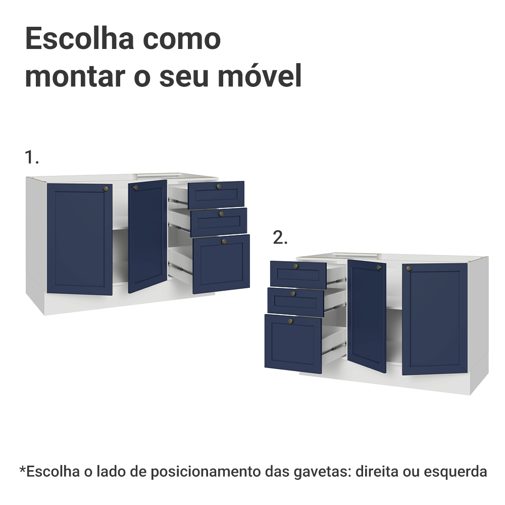 Balcão de Pia 120 x 60 cm 2 Portas 3 Gavetas (Sem Tampo) Branco/Azul Vik Madesa