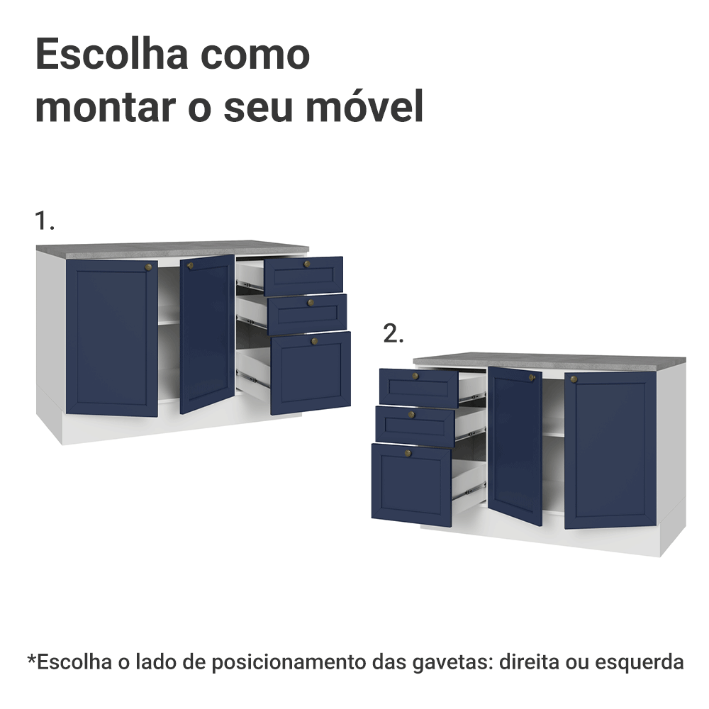 Balcão de Cozinha 120 x 60 cm 2 Portas 3 Gavetas (Com Tampo) Branco/Azul Vik Madesa