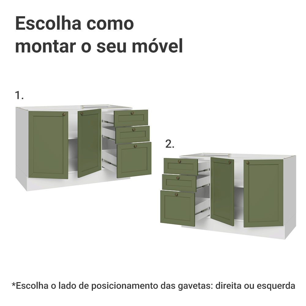 Balcão de Pia 120 x 60 cm 2 Portas 3 Gavetas (Sem Tampo) Branco/Verde Vik Madesa
