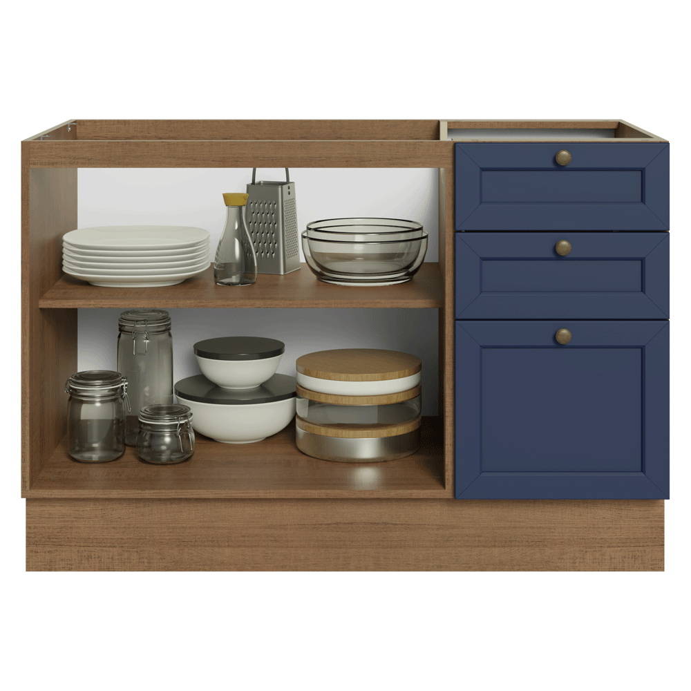 Balcão de Pia 120 x 60 cm 2 Portas 3 Gavetas (Sem Tampo) Rustic/Azul Vik Madesa