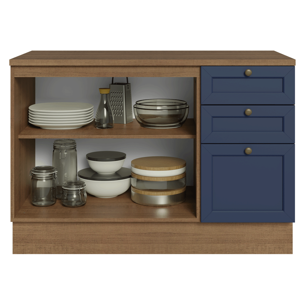 Balcão de Cozinha 120 x 60 cm 2 Portas 3 Gavetas (Com Tampo) Rustic/Azul Vik Madesa