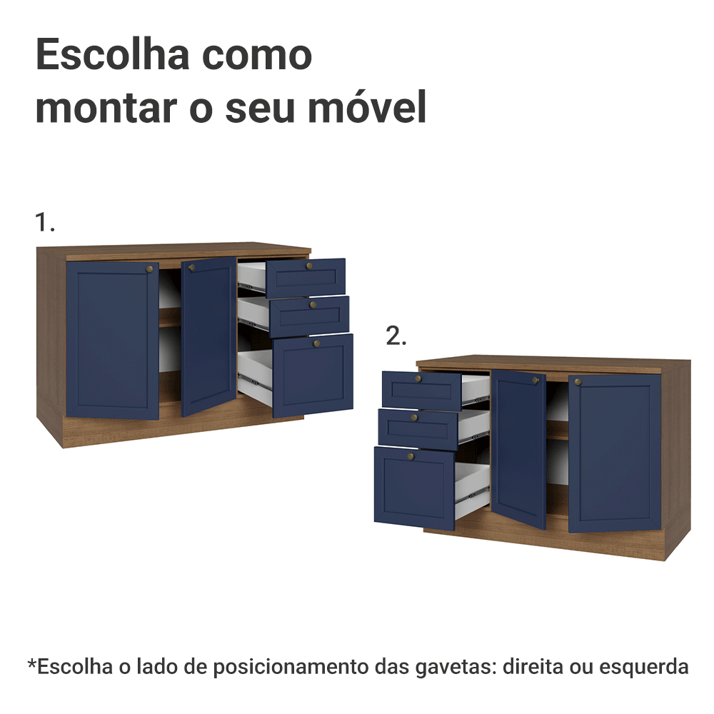 Balcão de Cozinha 120 x 60 cm 2 Portas 3 Gavetas (Com Tampo) Rustic/Azul Vik Madesa