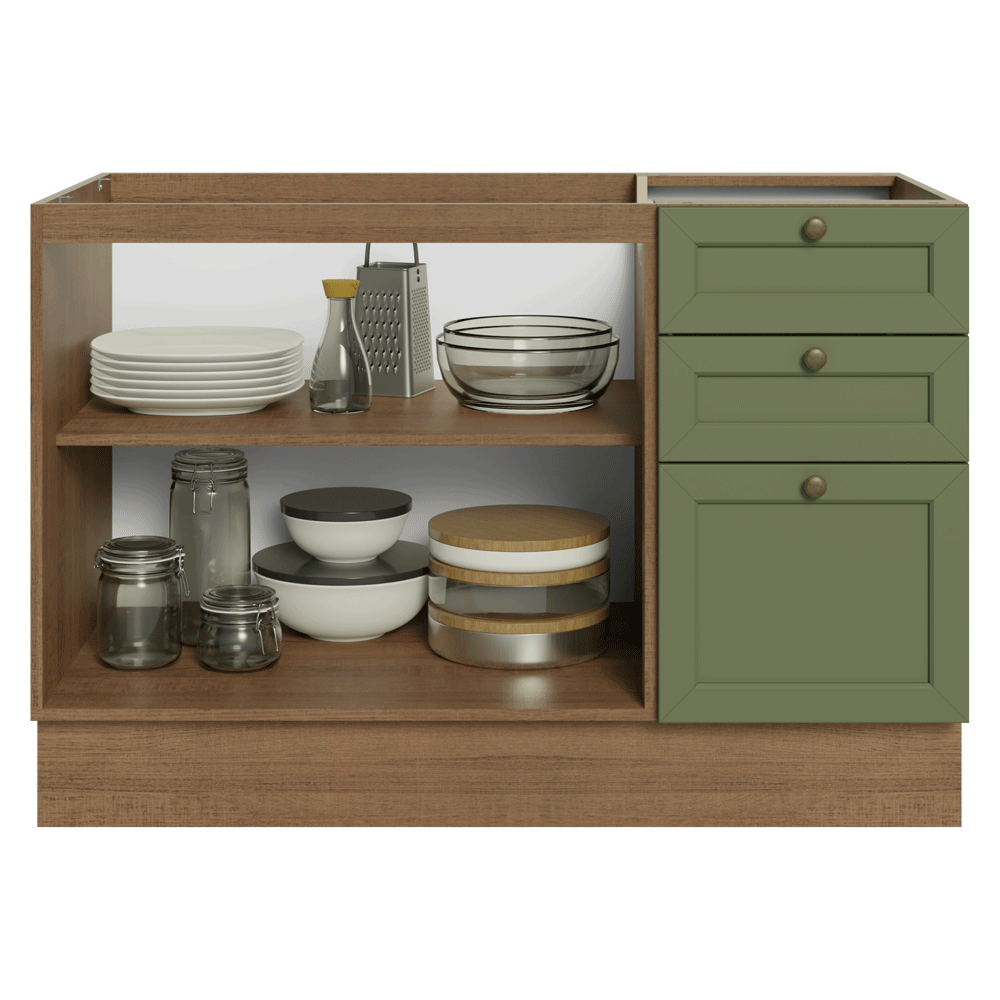 Balcão de Pia 120 x 60 cm 2 Portas 3 Gavetas (Sem Tampo) Rustic/Verde Vik Madesa