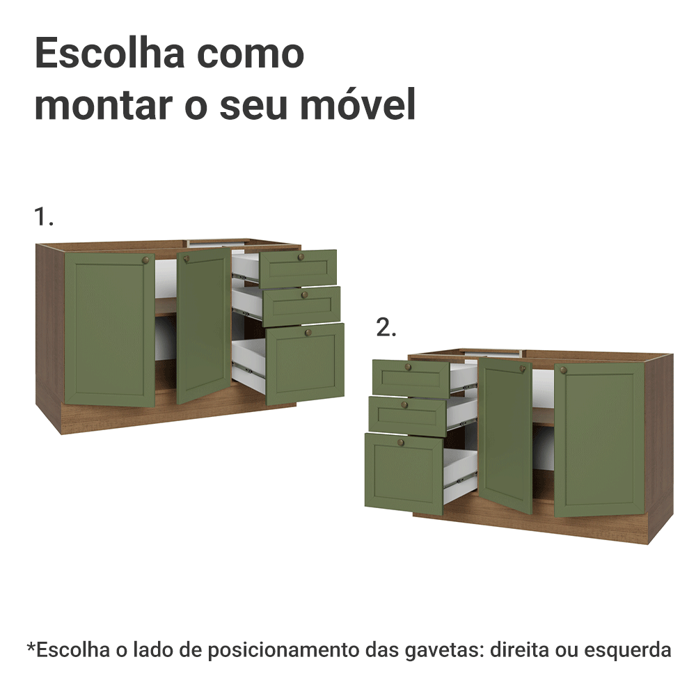Balcão de Pia 120 x 60 cm 2 Portas 3 Gavetas (Sem Tampo) Rustic/Verde Vik Madesa