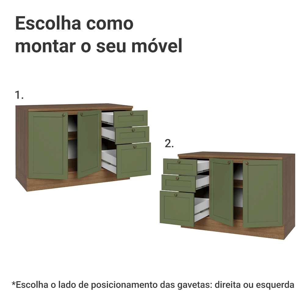 Balcão de Cozinha 120 x 60 cm 2 Portas 3 Gavetas (Com Tampo) Rustic/Verde Vik Madesa