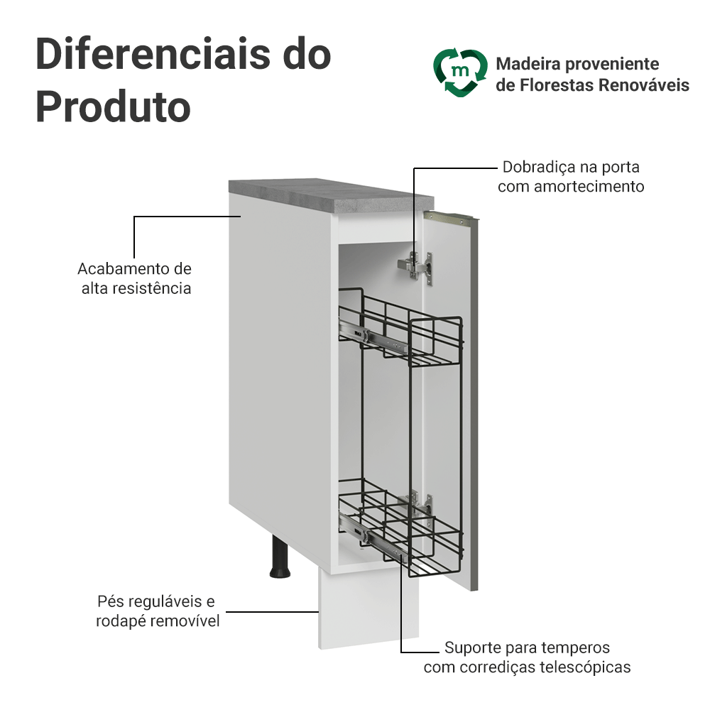 Balcão Porta-Temperos 20 x 60 cm 1 Porta (Com Tampo) Branco Veludo Lux Madesa