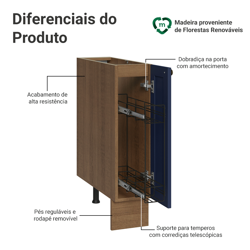 Balcão Porta-Temperos 20x60 cm 1 Porta (Sem Tampo) Rustic/Azul Vik Madesa