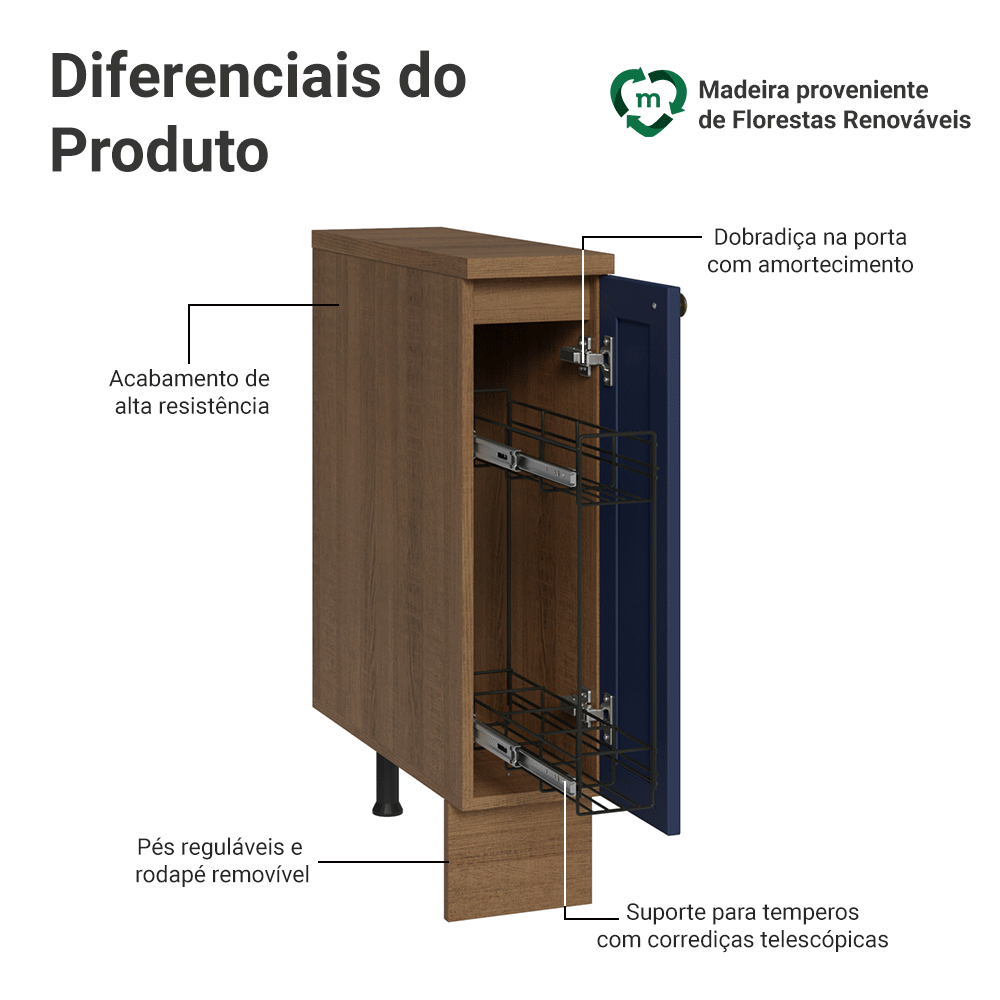 Balcão Porta-Temperos 20x60 cm 1 Porta (Com Tampo) Rustic/Azul Vik Madesa