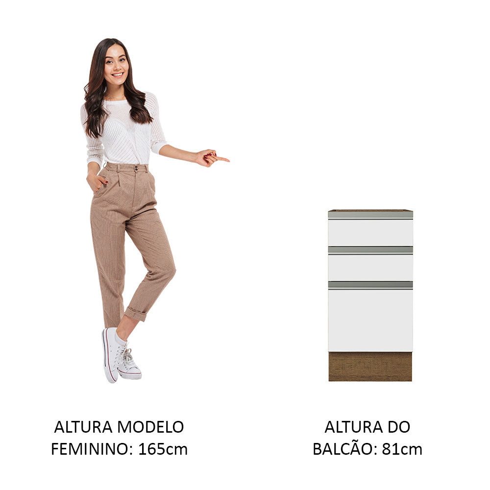 Balcão Cozinha 40 x 60 cm 3 Gavetas (Sem Tampo) Rustic/Branco Glamy Madesa