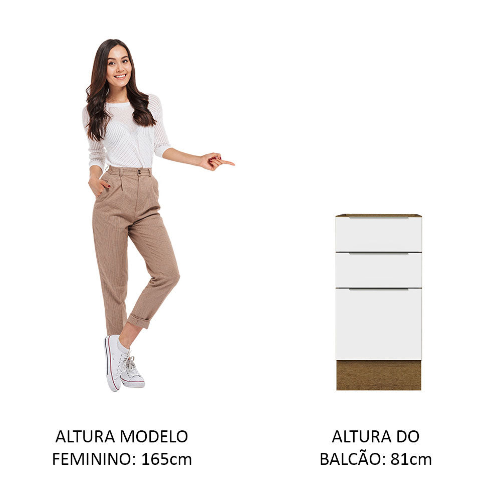 Balcão Cozinha 40 x 60 cm 3 Gavetas (Sem Tampo) Rustic/Branco Stella Madesa