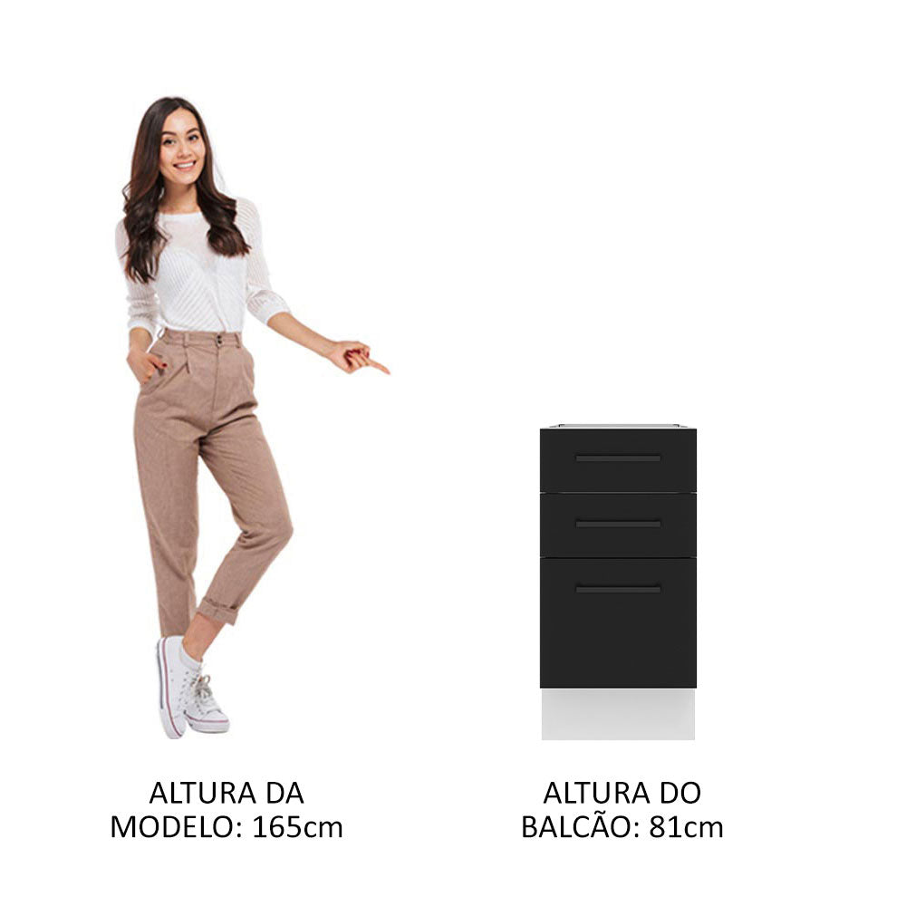 Balcão Madesa Agata 40 x 60 cm 3 Gavetas (Sem Tampo) Branco/Preto