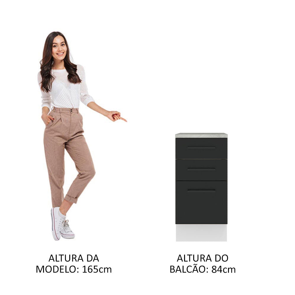 Balcão Madesa Agata 40 x 60 cm 3 Gavetas (Com Tampo) Branco/Preto