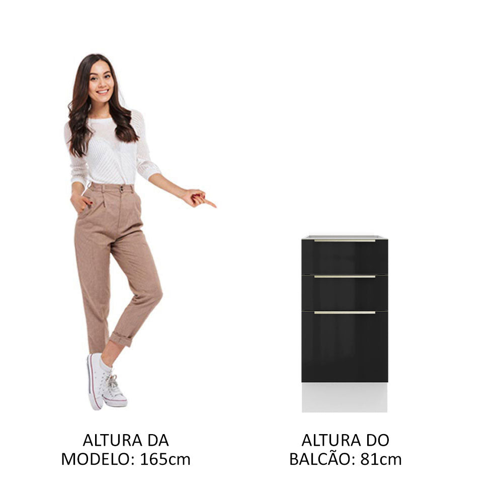 Balcão Madesa Lux 40 cm 3 Gavetas (Sem Tampo) Branco/Preto