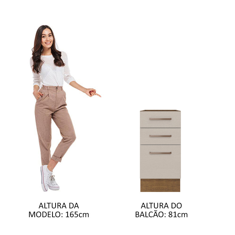 Balcão 40 x 60 cm 3 Gavetas (Sem Tampo) Rustic/Crema Agata Madesa