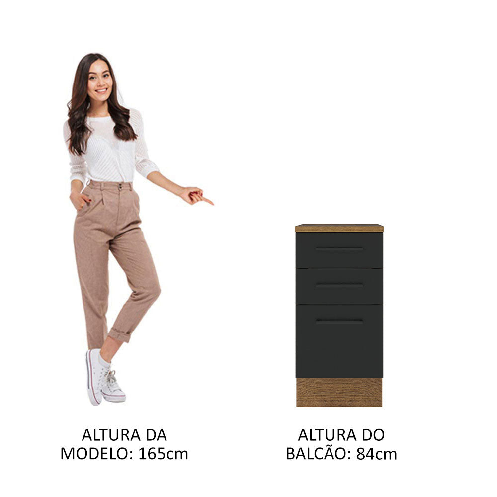 Balcão Madesa Agata 40 x 60 cm 3 Gavetas (Com Tampo) Rustic/Preto