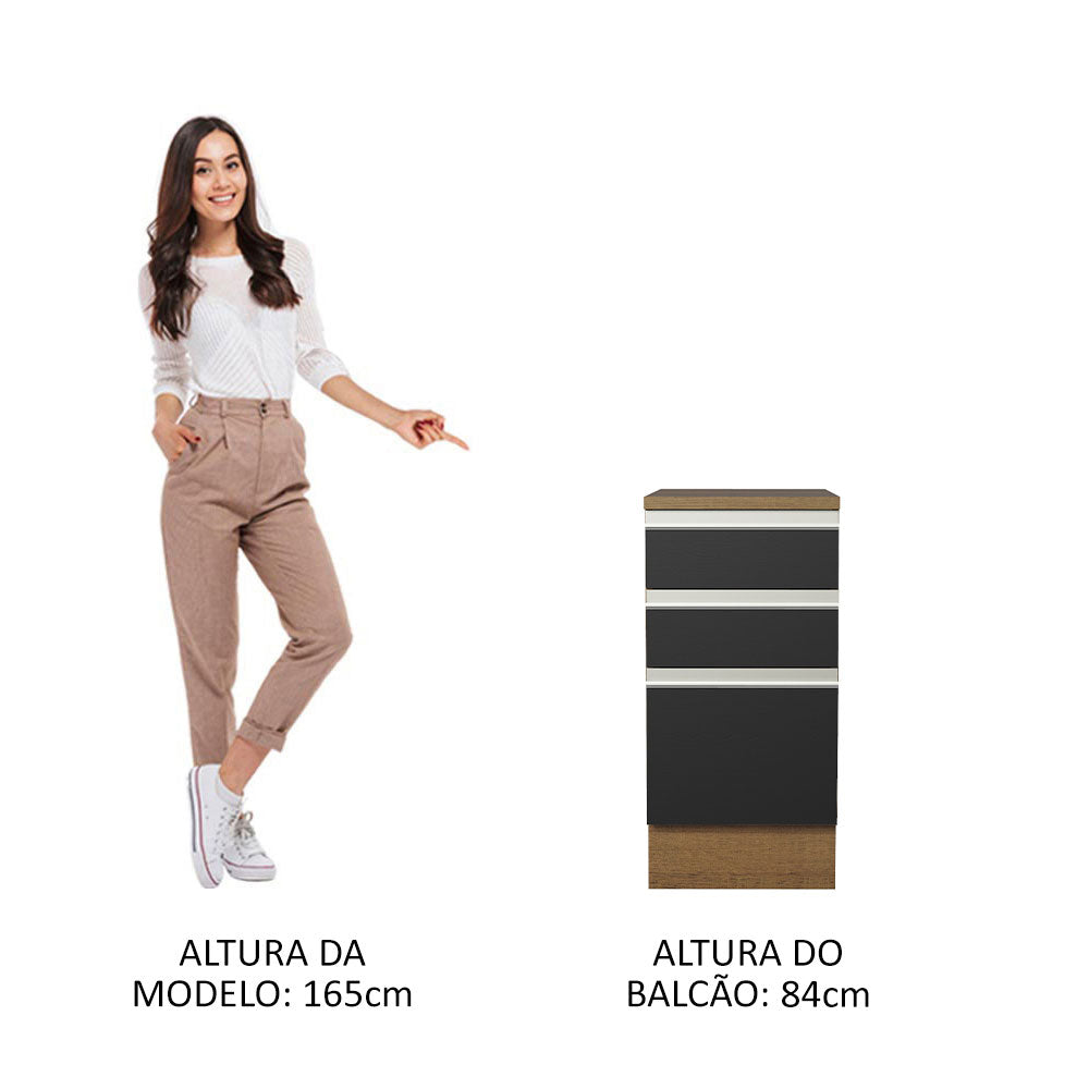 Balcão Madesa Glamy 40 x 60 cm 3 Gavetas (Com Tampo) Rustic/Preto