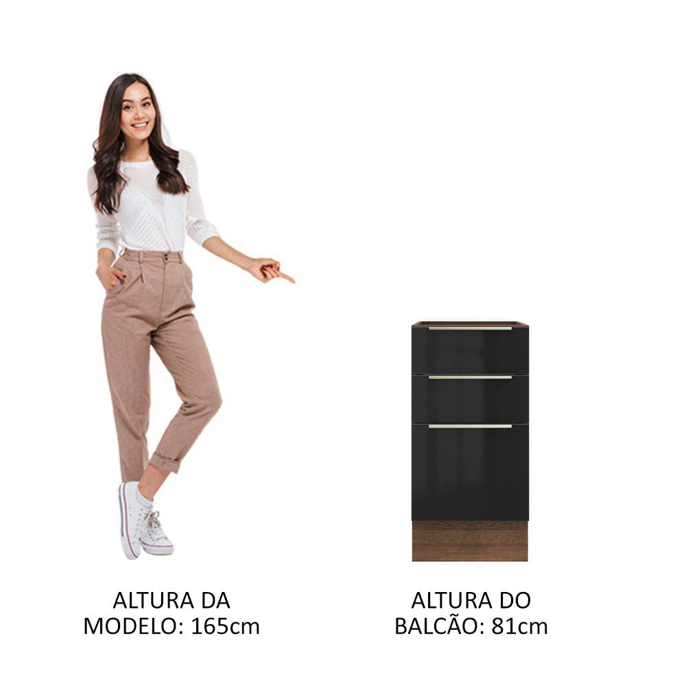 Balcão de Cozinha 40 x 60 cm 3 Gavetas (Sem Tampo) Rustic/Preto Lux Madesa