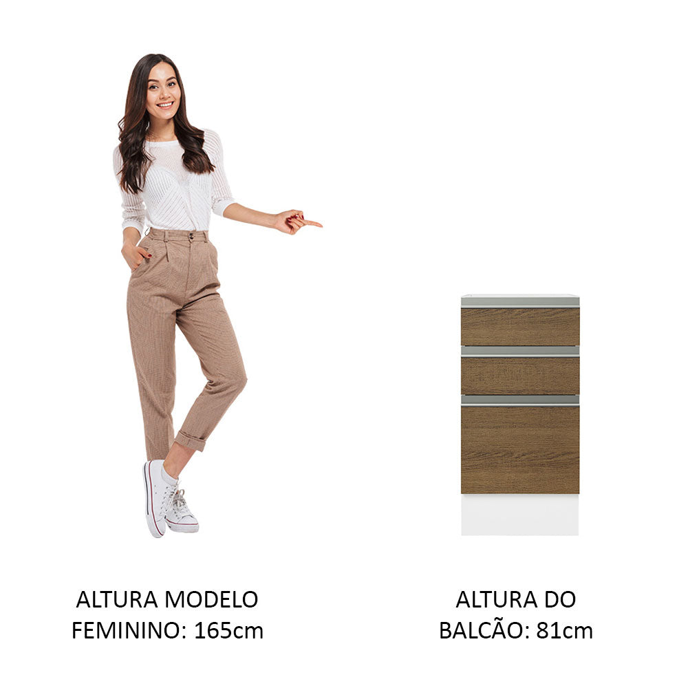 Balcão Cozinha 40 x 60 cm 3 Gavetas (Sem Tampo) Branco/Rustic Glamy Madesa