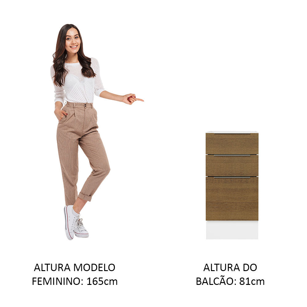 Balcão Cozinha 40 x 60 cm 3 Gavetas (Sem Tampo) Branco/Rustic Stella Madesa