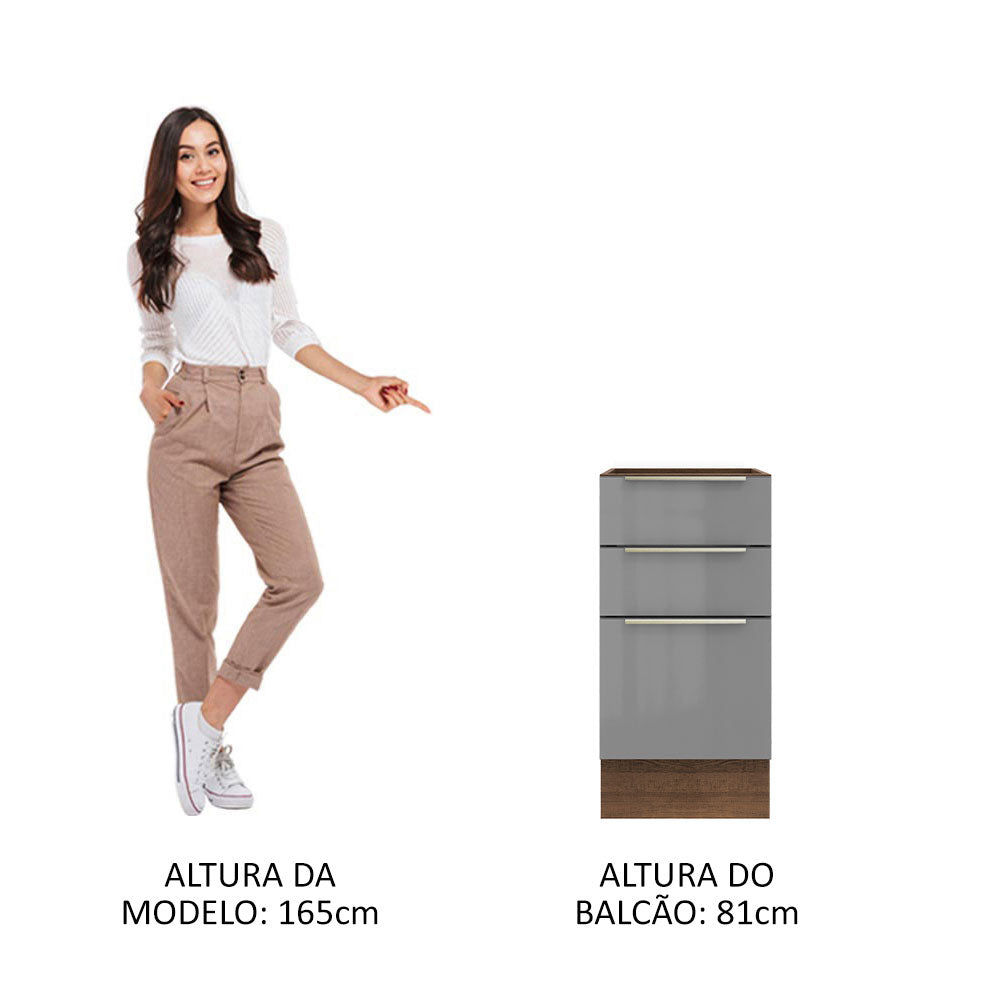 Balcão de Cozinha 40 x 60 cm 3 Gavetas (Sem Tampo) Rustic/Cinza Lux Madesa