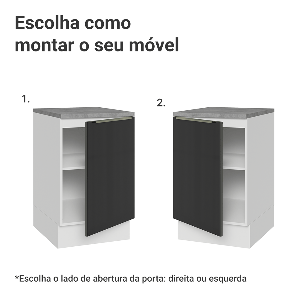Balcão de Cozinha 50 x 60 cm 1 Porta (Com Tampo) Branco/Preto Lux Madesa