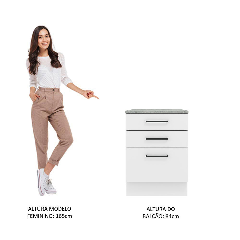 Balcão Madesa Agata 60 x 60 cm 3 Gavetas (Com Tampo) Branco