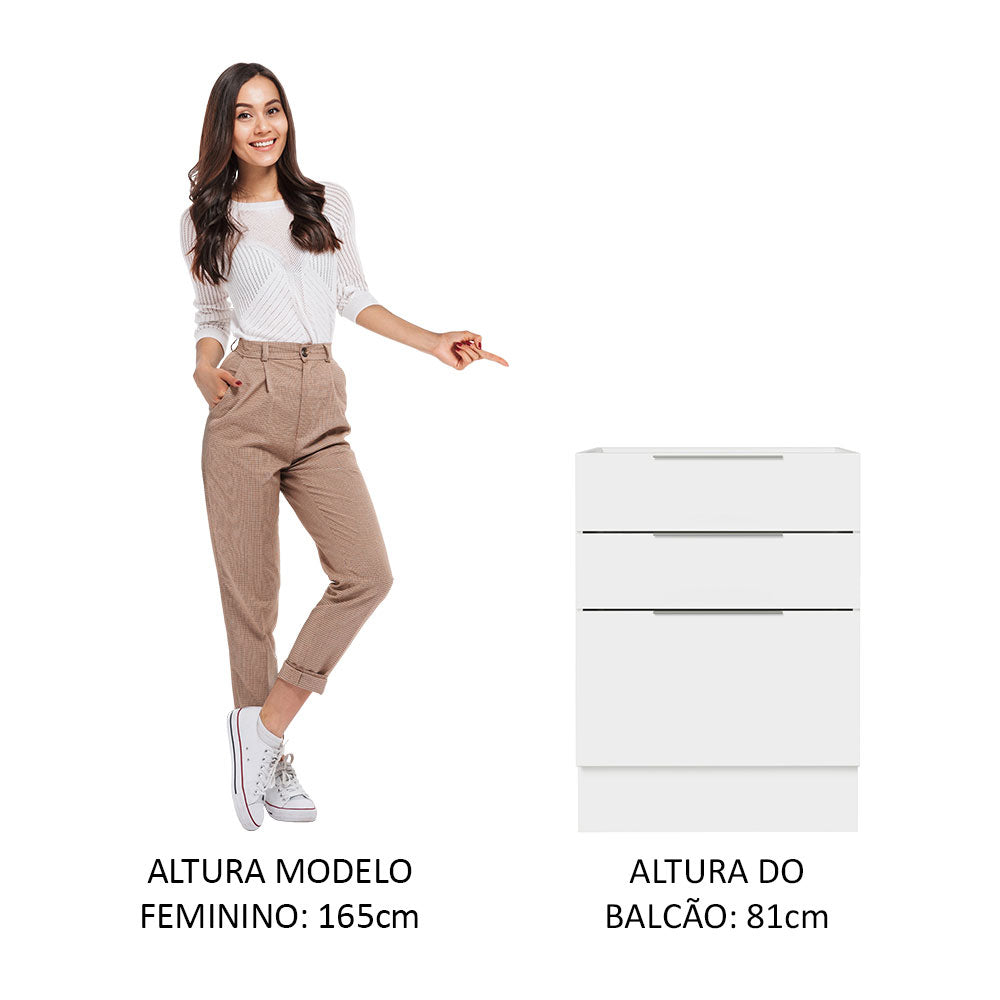 Balcão Cozinha 60 x 60 cm 3 Gavetas (Sem Tampo) Branco Stella Madesa