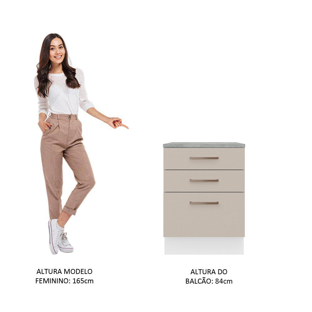 Balcão 60 x 60 cm 3 Gavetas (Com Tampo) Branco/Crema Agata Madesa