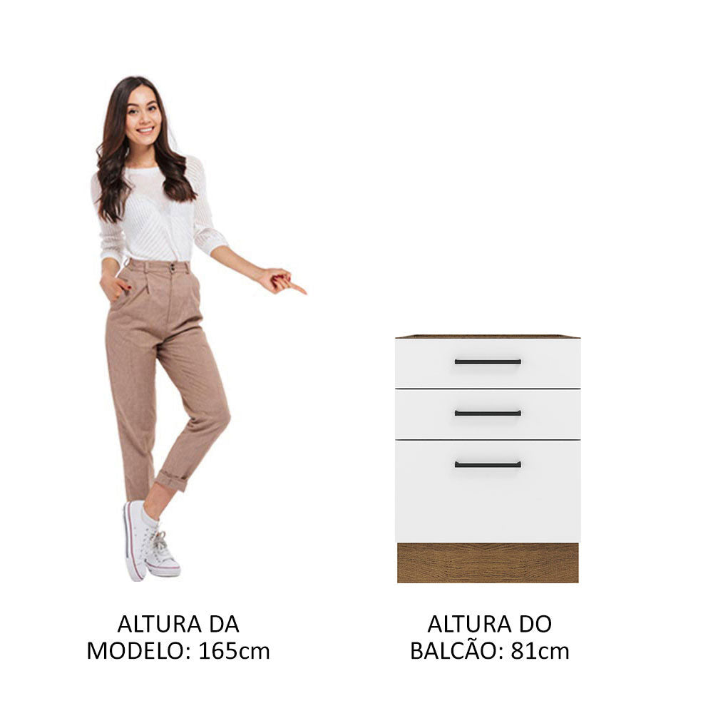 Balcão Madesa Agata 60 x 60 cm 3 Gavetas (Sem Tampo) Rustic/Branco
