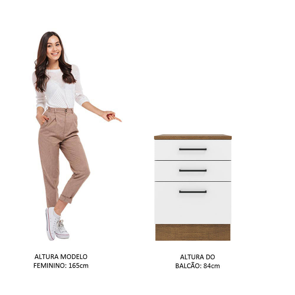 Balcão Madesa Agata 60 x 60 cm 3 Gavetas (Com Tampo) Rustic/Branco