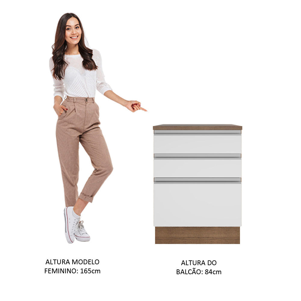 Balcão Madesa Glamy 60 x 60 cm 3 Gavetas (Com Tampo) Rustic/Branco