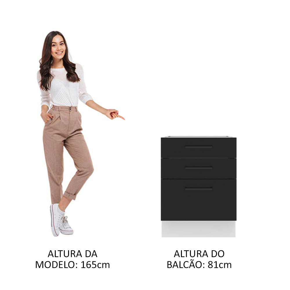 Balcão Madesa Agata 60 x 60 cm 3 Gavetas (Sem Tampo) Branco/Preto