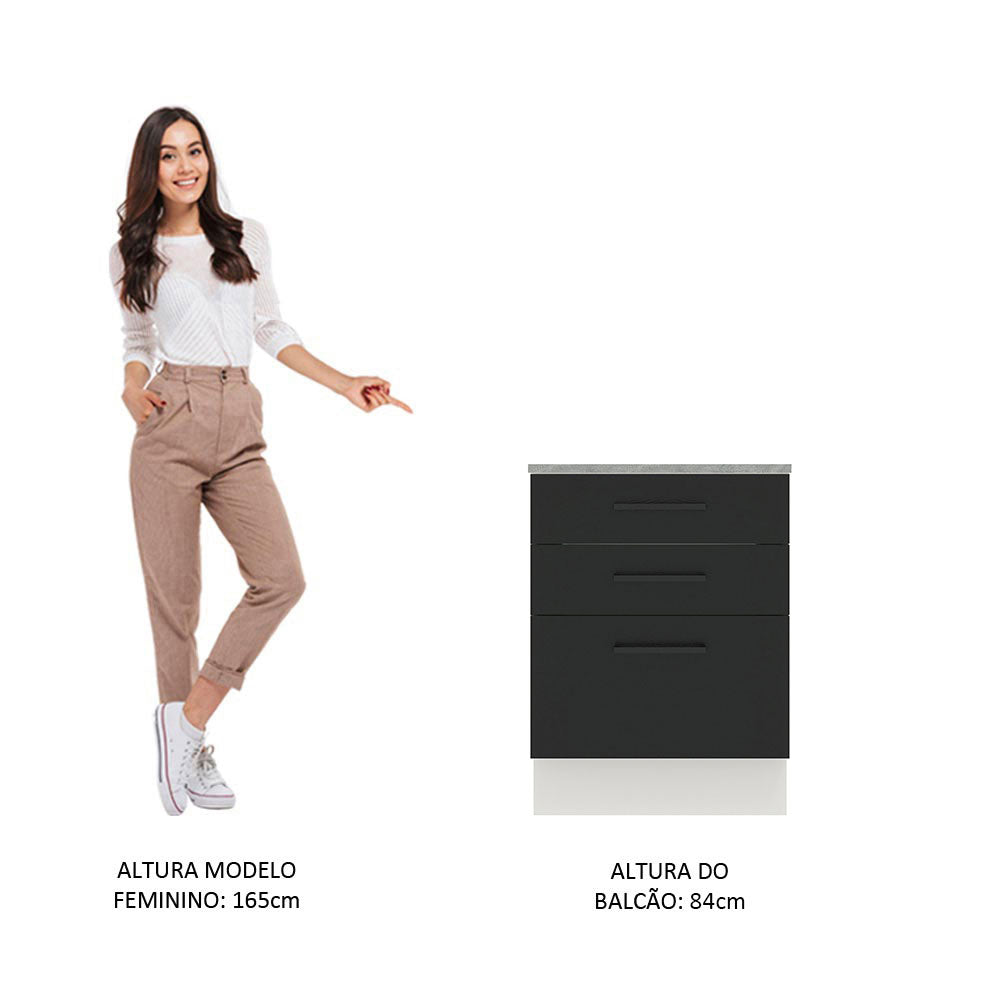 Balcão Madesa Agata 60 x 60 cm 3 Gavetas (Com Tampo) Branco/Preto