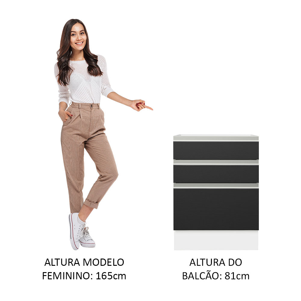 Balcão Cozinha 60 x 60 cm 3 Gavetas (Sem Tampo) Branco/Preto Glamy Madesa