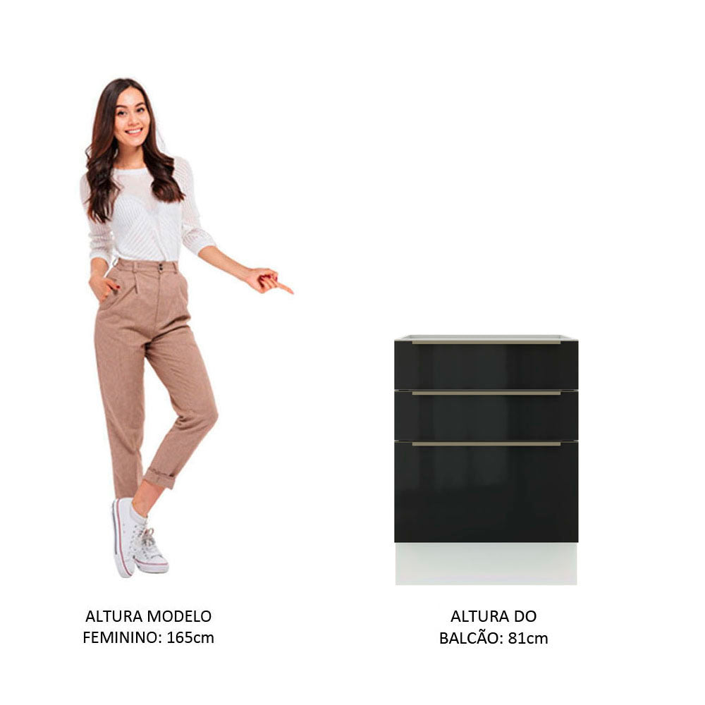 Balcão Madesa Lux 60 cm 3 Gavetas (Sem Tampo) Branco/Preto