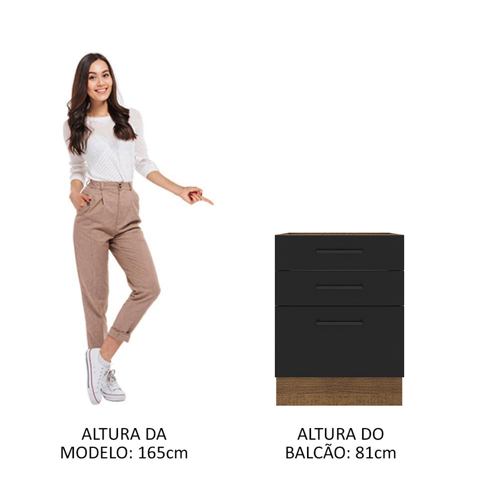 Balcão Madesa Agata 60 x 60 cm 3 Gavetas (Sem Tampo) Rustic/Preto