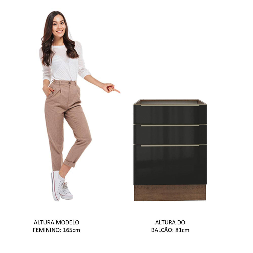 Balcão Madesa Lux 60 cm 3 Gavetas (Sem Tampo) Rustic/Preto
