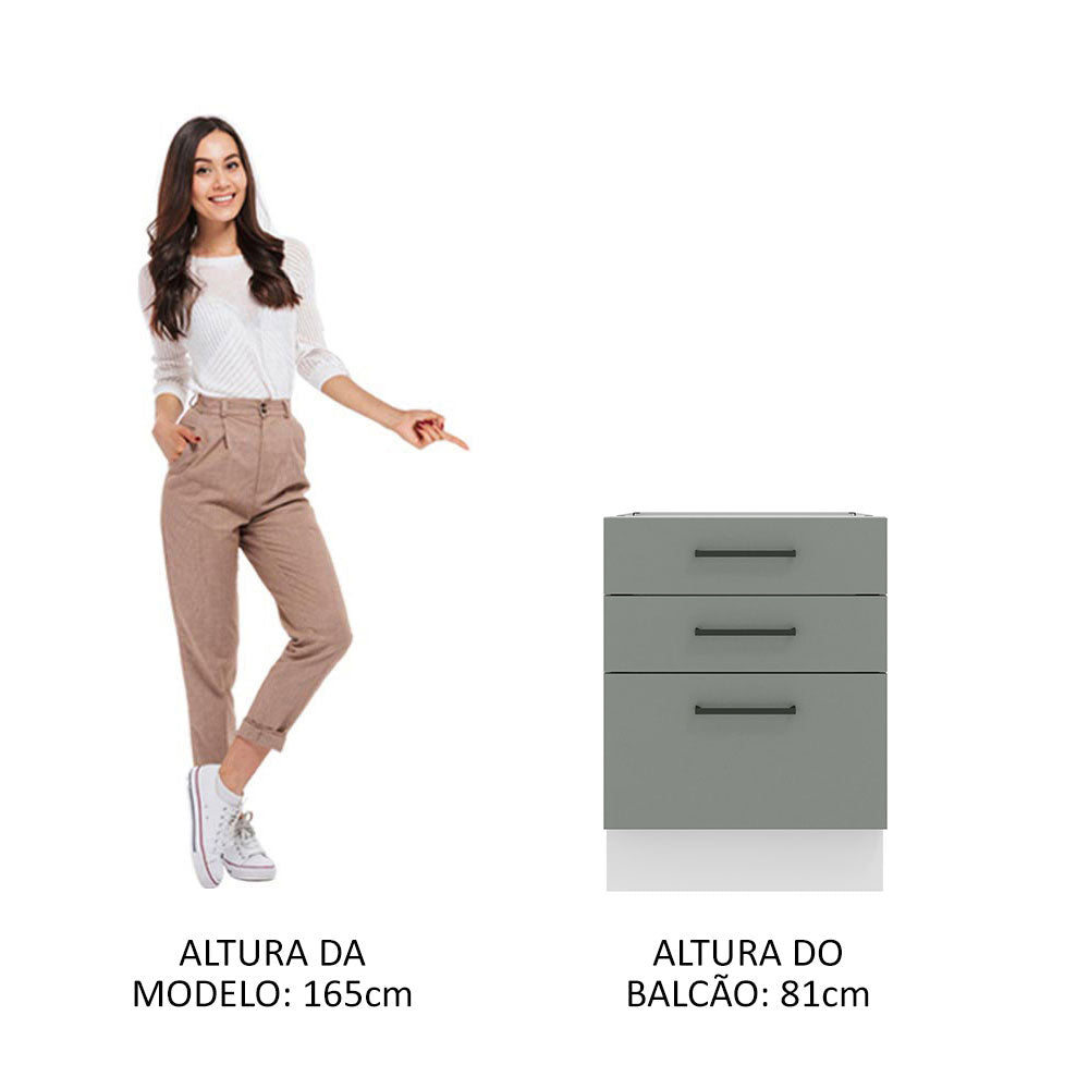 Balcão Madesa Agata 60 x 60 cm 3 Gavetas (Sem Tampo) Branco/Cinza
