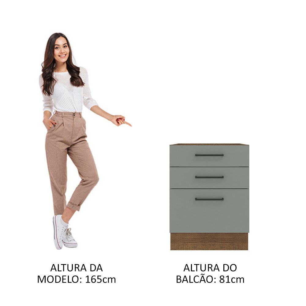 Balcão Madesa Agata 60 x 60 cm 3 Gavetas (Sem Tampo) Rustic/Cinza