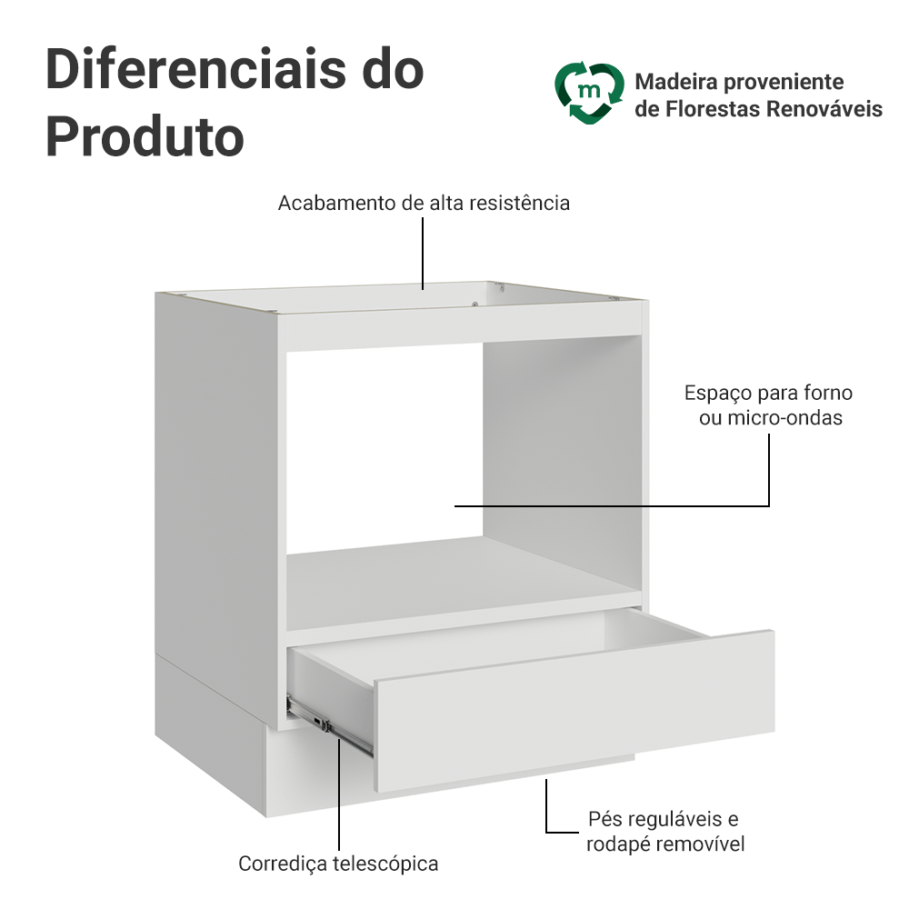 Balcão para Forno/Micro-ondas 70 x 60 cm 1 Gaveta (Sem Tampo) Branco Madesa