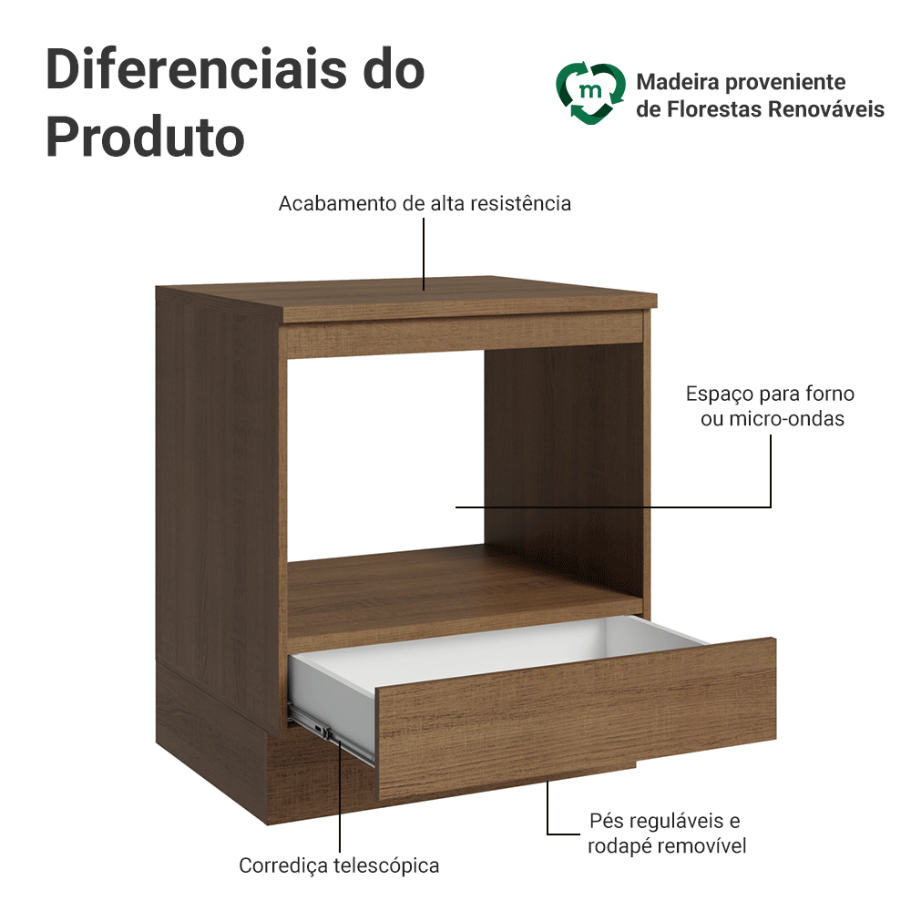 Balcão para Forno/Micro-ondas 70 x 60 cm 1 Gaveta (Com Tampo) Rustic Madesa