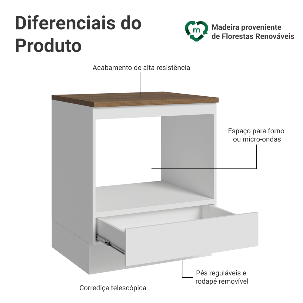 Balcão para Forno/Micro-ondas 70 x 60 cm 1 Gaveta Branco Tampo Rustic Madesa